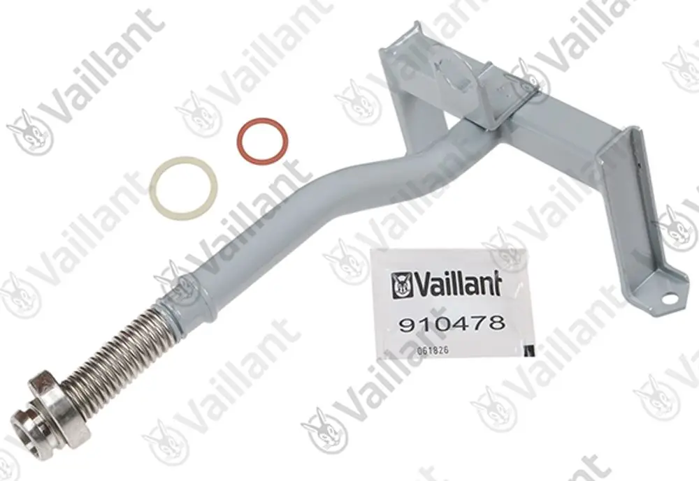 Vaillant Bauteil in grauer Farbe, bestehend aus einer gebogenen Halterung und Schraube, begleitet von zwei Dichtungsringen in verschiedenen Farben.